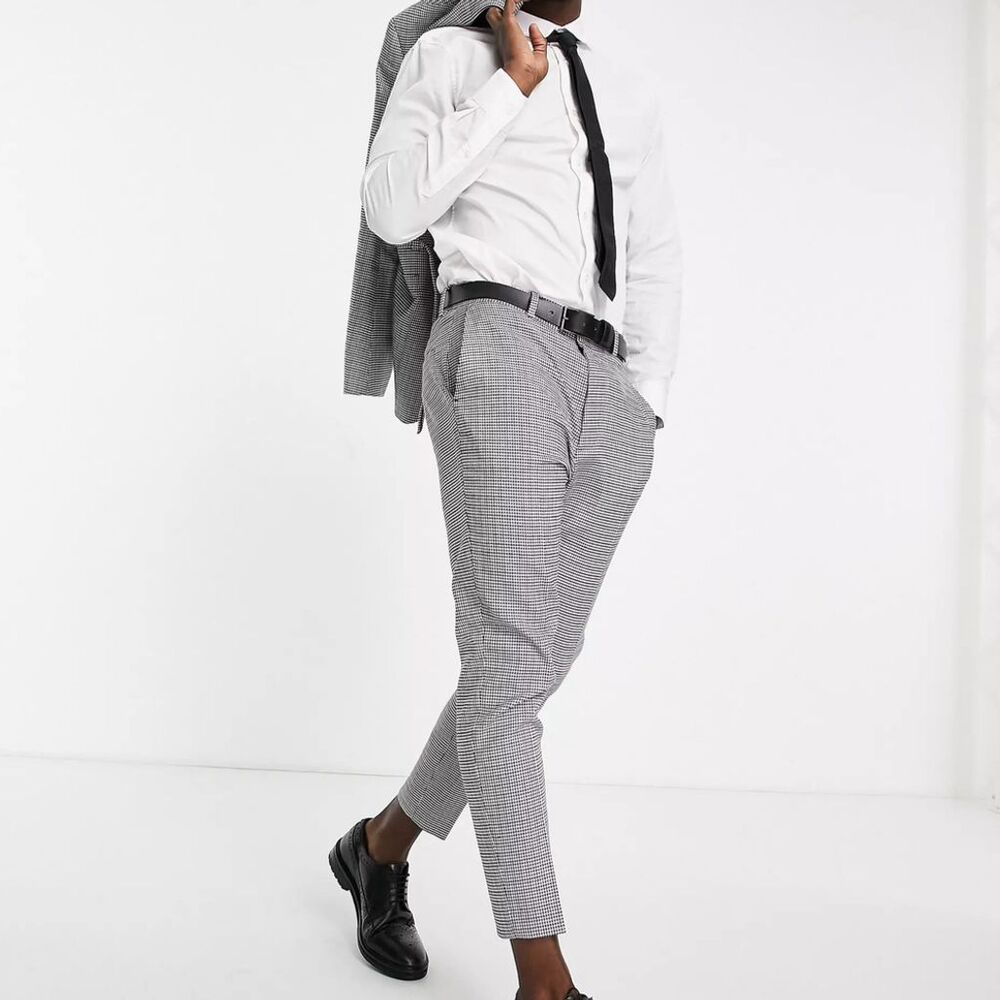 Men's Tapered Cropped Pants Gray Check Formal Business Casual Size 32
